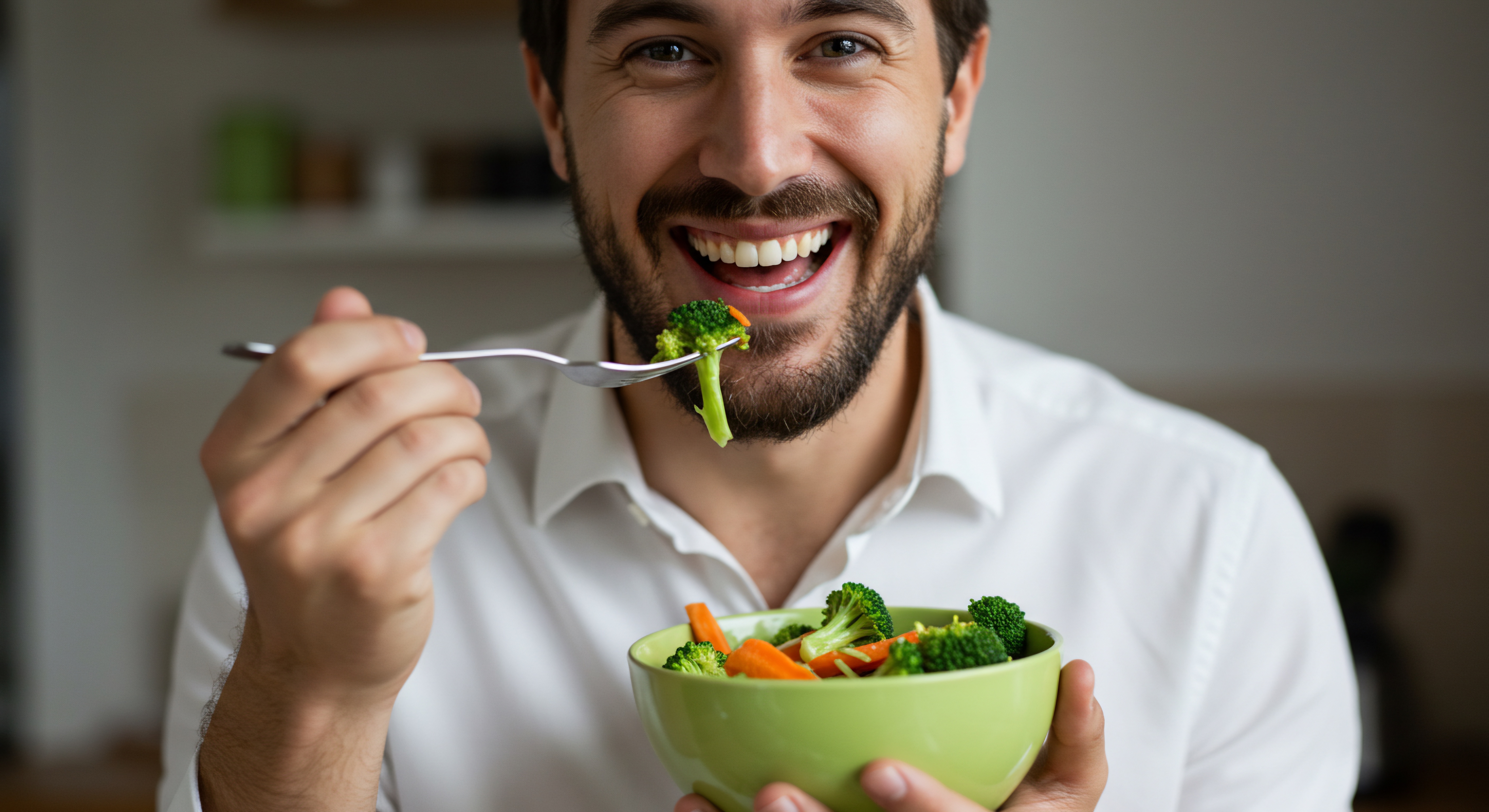 Man enjoying healthy foods that support strong teeth and gums, representing dental wellness tips from Discovery Smiles Dentistry in Tucson.