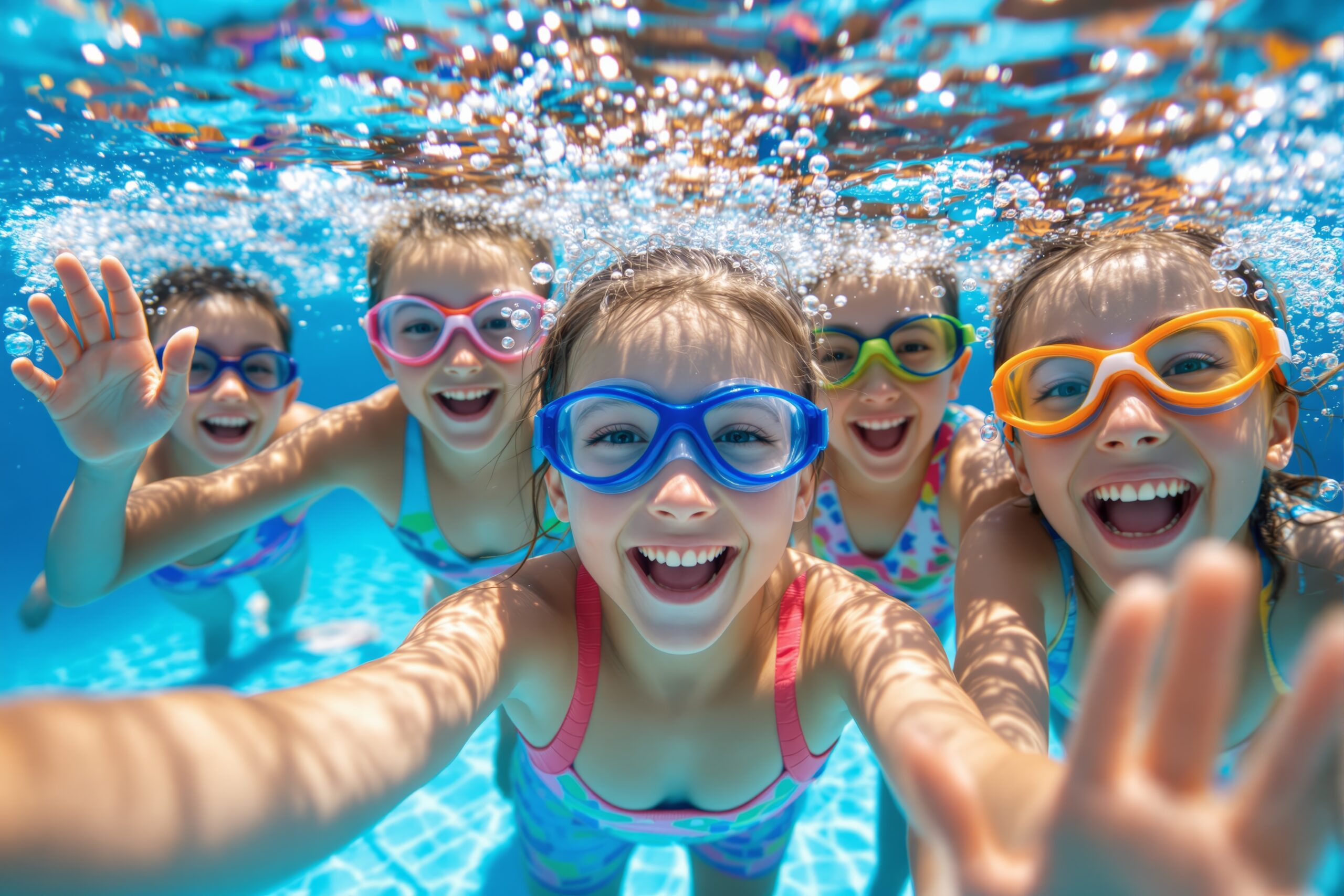 Children smiling and playing in a swimming pool during summer, representing healthy summer habits at Discovery Smiles Dentistry in Tucson.