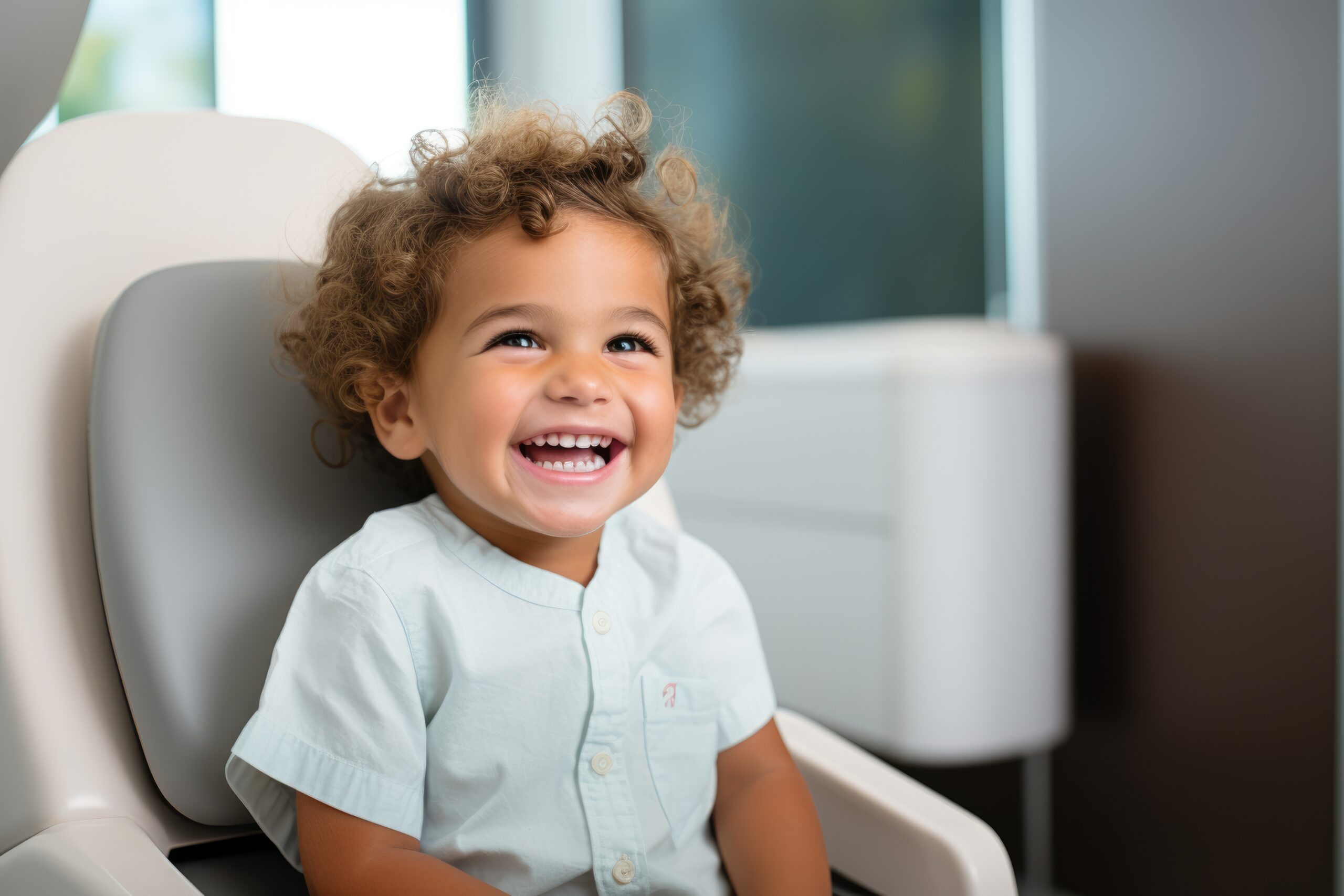 Young child smiling in a dental chair during a pediatric visit at Discovery Smiles Dentistry in Tucson.